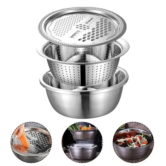 Кухонний набір Metal Basket Cutter 3 в 1 — миска, дуршлаг і терка з нержавіючої сталі