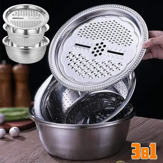 Кухонний набір Metal Basket Cutter 3 в 1 — миска, дуршлаг і терка з нержавіючої сталі