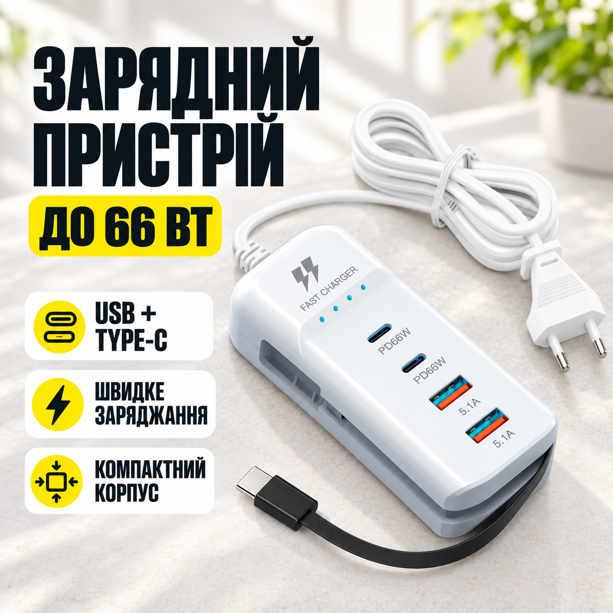 Зарядний пристрій 66 W з 2 USB-портами