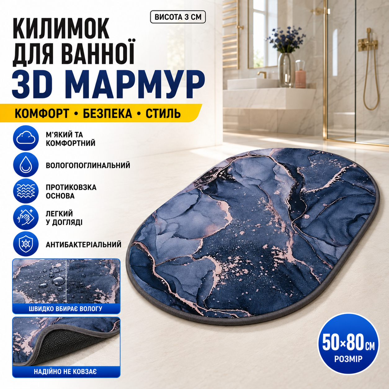 Швидковисихаючий килимок для ванної 80×50 см з протиковзною основою