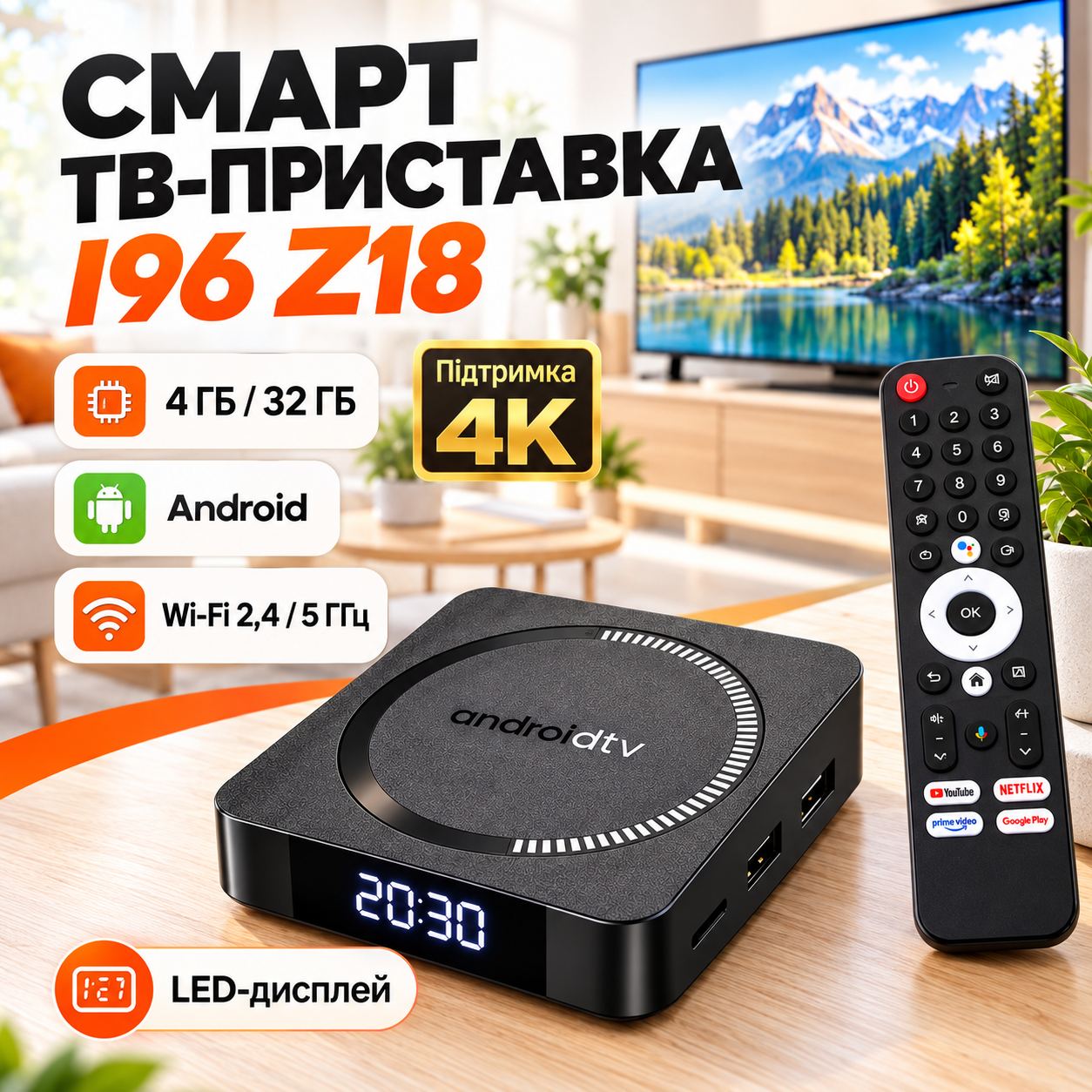 ТВ-приставка I96 Z18 4K — 4/32 ГБ, Wi-Fi 2.4/5 ГГц