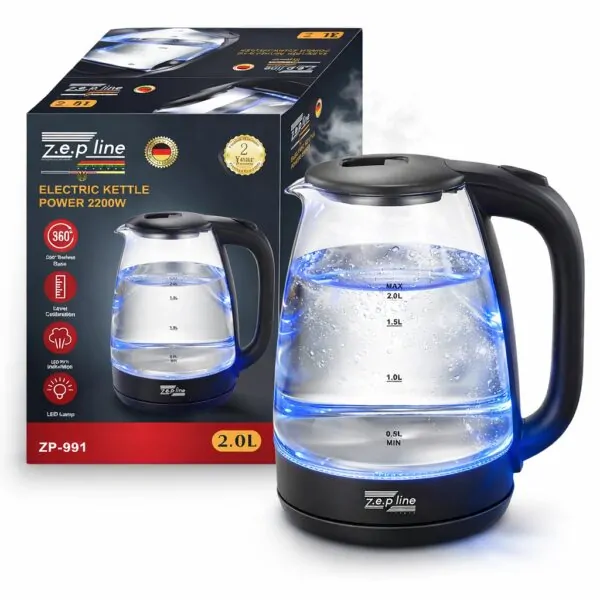 Електрочайник Zepline ZP-991 зі скляною колбою — 2,0 л, 2200 Вт, LED-підсвітка та автовимкнення