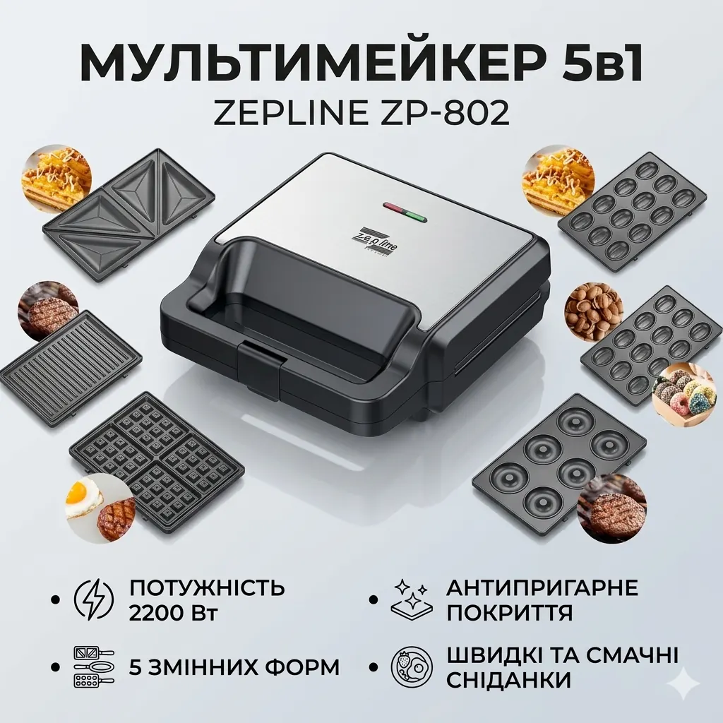 Мультимейкер Zepline ZP-812 6 в 1 — потужність 2200 Вт, панелі для вафель, гриля, сендвічів, горішків і пончиків  Slug: shop-zepline-zp812-multimaker-6in1