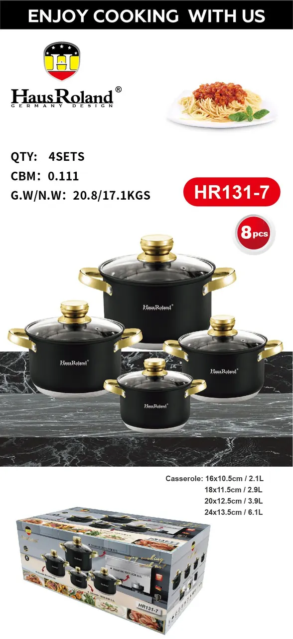 Набір каструль Haus Roland HR131-7 — 4 сталеві ємності 2,1 / 2,9 / 3,9 / 6,1 л, чорний комплект