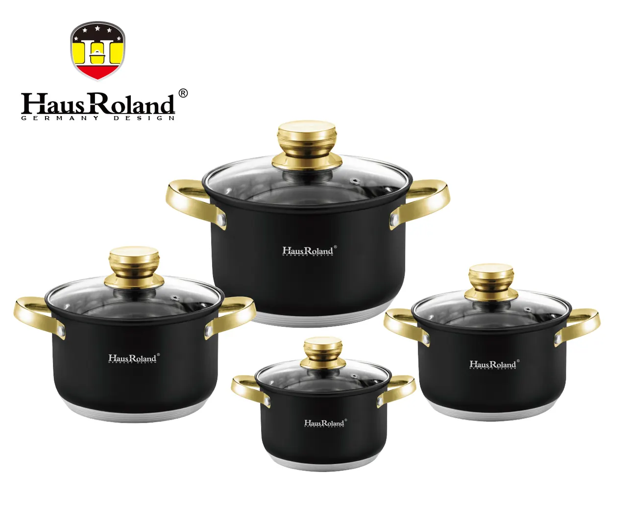Набір каструль Haus Roland HR131-7 — 4 сталеві ємності 2,1 / 2,9 / 3,9 / 6,1 л, чорний комплект