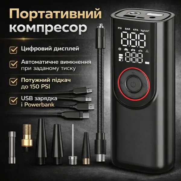 Автомобільний міні-компресор 12V — портативний насос для шин з цифровим дисплеєм для авто, мото та велосипеда