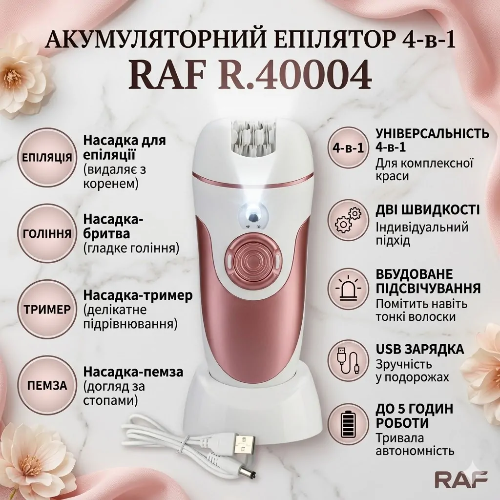 Багатофункціональний епілятор RAF R.40004 4 в 1 — акумуляторний набір з насадками та USB зарядкою