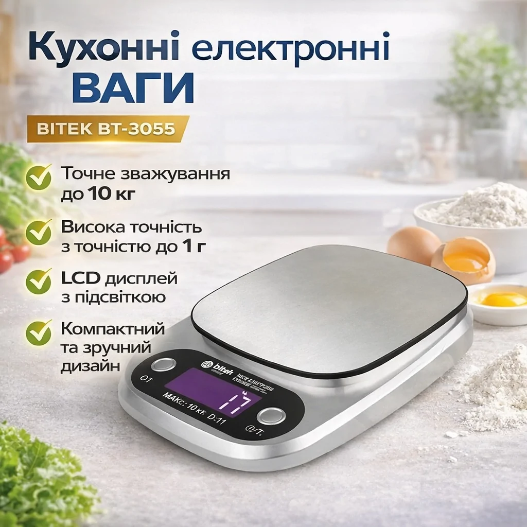 Електронні кухонні ваги BITEK BT-3055 — точна побутова модель до 10 кг з LCD-дисплеєм, сірі