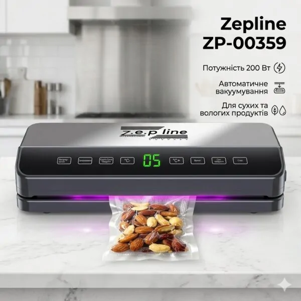 Автоматичний вакууматор Zepline ZP-00359 — побутовий пакувальник 200 Вт з LED-дисплеєм і 20 пакетами в комплекті
