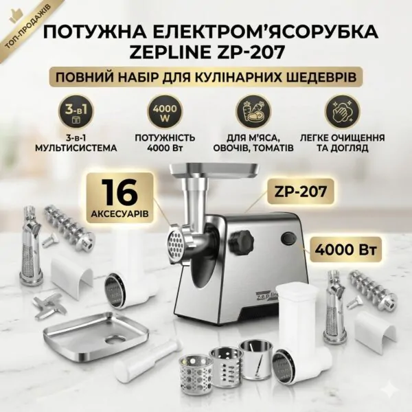 Багатофункціональна м’ясорубка Zepline ZP-00207 3 в 1 — 4000 Вт, соковижималка, шинкування та насадка для домашніх ковбас