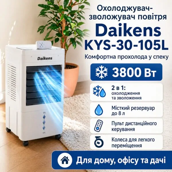 Підлоговий охолоджувач повітря Daikens KYS-30-105L — зволожувач 8 л, 3800 Вт для комфортного мікроклімату