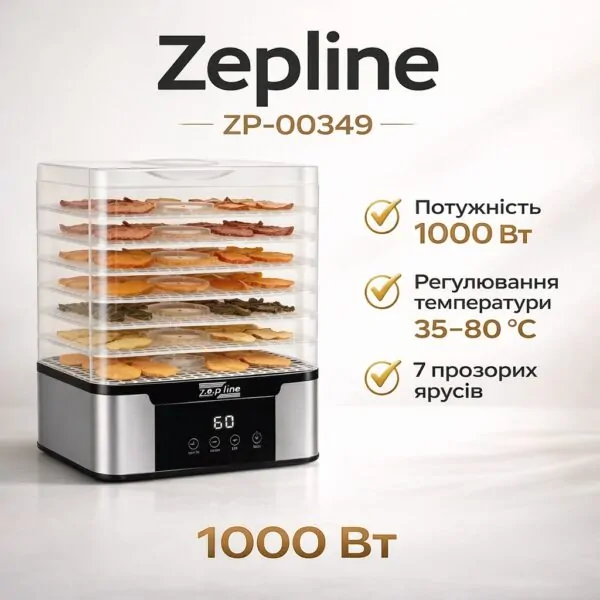 Дегідратор Zepline ZP-00349 — сушарка 1000 Вт на 7 ярусів для фруктів, овочів, м’яса та риби з регулюванням 35–80 °C